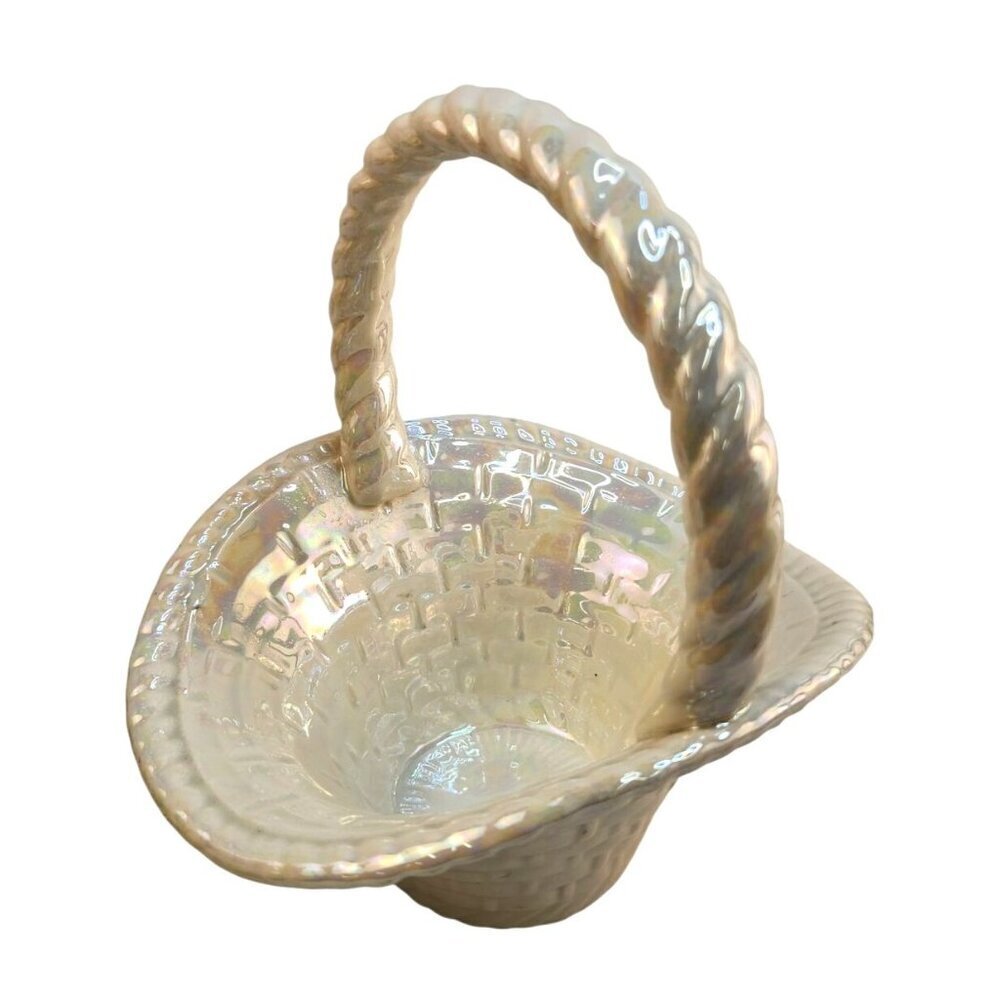 White Iridescent Ceramic Basket With Braided Handle Vintage Handmade
